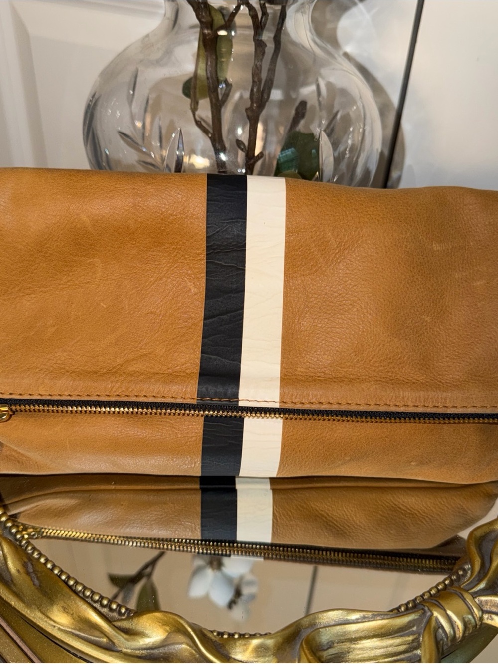 Clare V Tan Leather Toiletry Bag with Black and Cream Racing Stripe